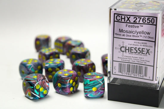Chessex Festive Mosaic/yellow Dice Set Includes 12 Dice – D6 – 16mm