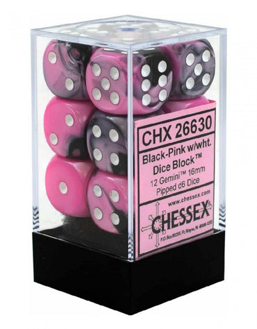Chessex Gemini Black-Pink/white Plastic Polyhedral Dice Set Includes 12 Dice – D6 – 16mm (Copy)