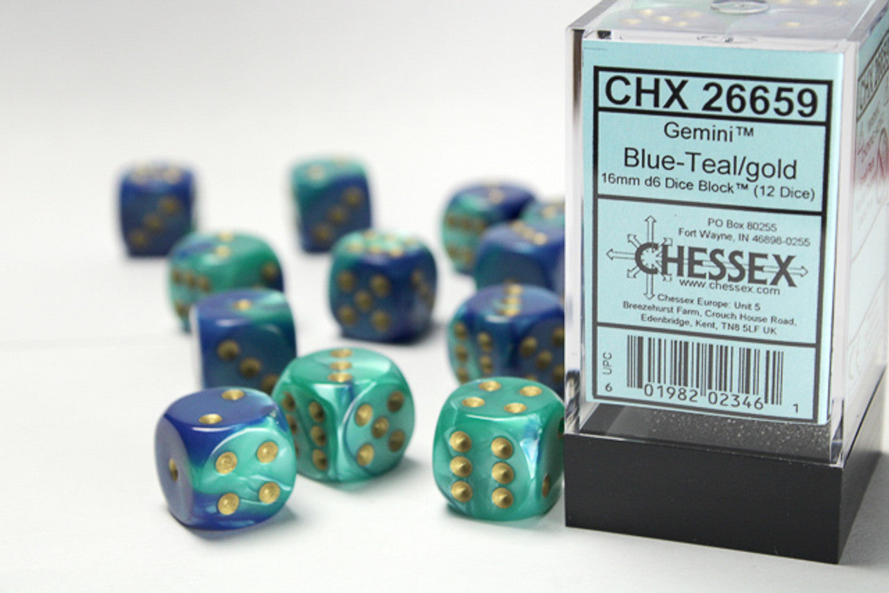 Chessex Gemini Blue-Teal/gold Dice Set Includes 12 Dice – D6 – 16mm