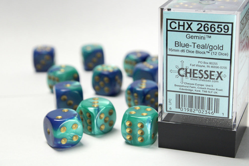 Chessex Gemini Blue-Teal/gold Dice Set Includes 12 Dice – D6 – 16mm