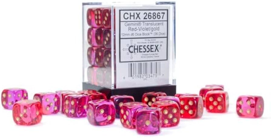 Chessex Gemini Translucent Red-Violet/Gold 36 Dice – D6 – 12mm
