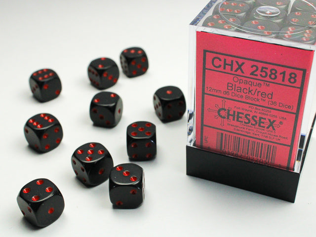 Chessex: Opaque: Black/Red: D6: 12mm: (32 Dice)