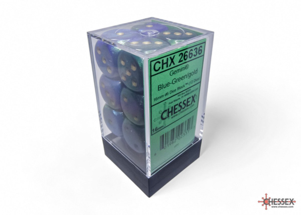 Chessex Gemini Blue-Green/gold Polyhedral Dice Set Includes 12 Dice – D6 – 16mm