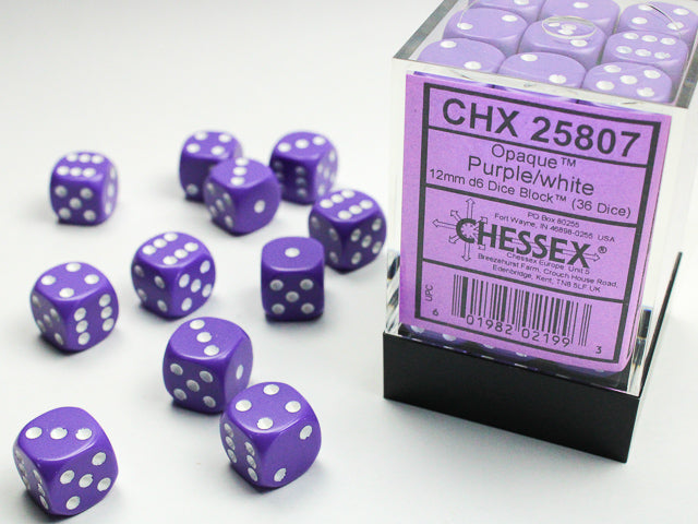 Chessex: Opaque: Purple/White: D6: 12mm: (32 Dice)