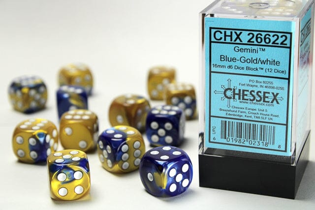 Chessex Gemini Blue-Gold/white Dice Set Includes 12 Dice – D6 – 16mm
