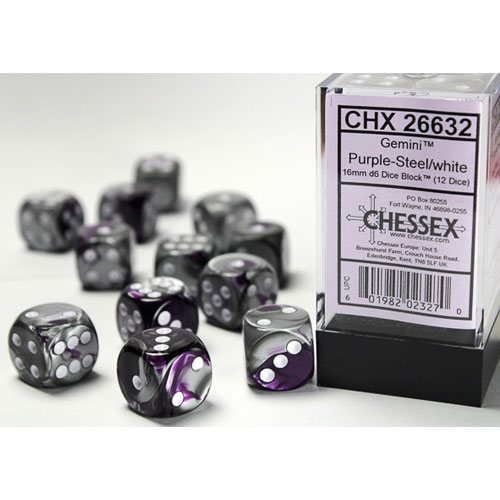 Chessex Gemini Purple-Steel/white Dice Set Includes 12 Dice – D6 – 16mm