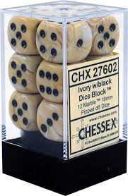 Chessex Marble Ivory/black Set Includes 12 Dice – D6 – 16mm