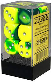 Chessex Gemini Green-yellow/silver Set Includes 12 Dice – D6 – 16mm