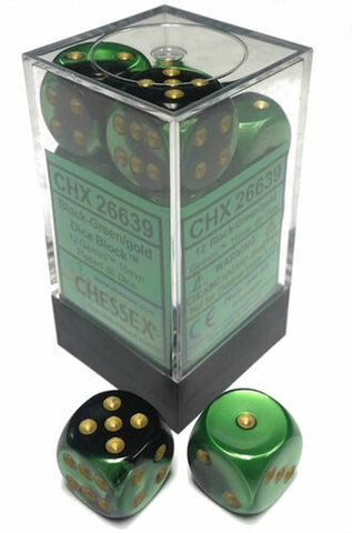 Chessex Gemini Black-Green/gold Dice Set Includes 12 Dice – D6 – 16mm