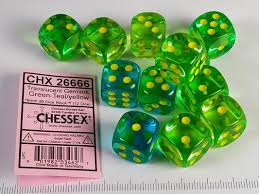Chessex Gemini Green-Teal/yllow Dice Set Includes 12 Dice – D6 – 16mm