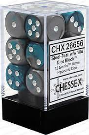 Chessex Gemini Steel-Teal/white Dice Set Includes 12 Dice – D6 – 16mm