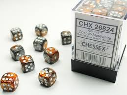 Chessex Gemini Copper-Steel/White 36 Dice – D6 – 12mm