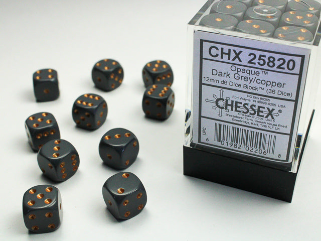 Chessex: Opaque: Dark Grey/Copper D6: 12mm: (36 Dice)