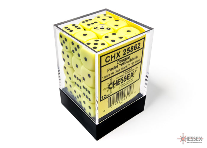 Chessex: Opaque: Pastel Yellow/Black D6: 12mm: (36 Dice)