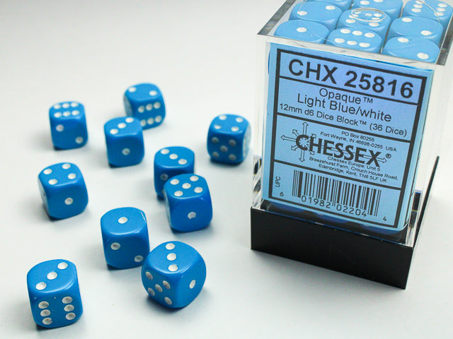 Chessex: Opaque: Light Blue/White D6: 12mm: (36 Dice)