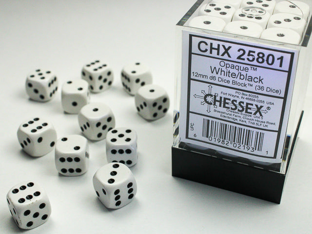 Chessex: Opaque: White/Black D6: 12mm: (36 Dice)