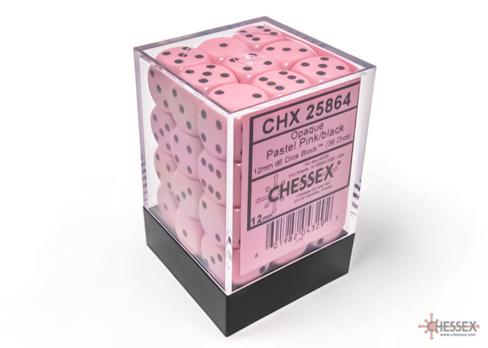 Chessex: Opaque: Pastel Pink/Black D6: 12mm: (36 Dice)