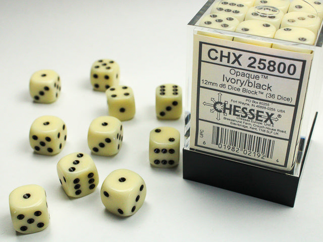 Chessex: Opaque: Ivory/Black D6: 12mm: (36 Dice)
