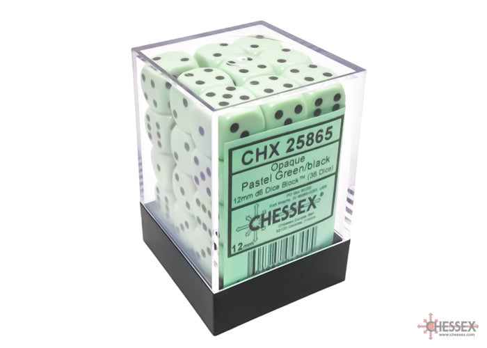 Chessex: Opaque: Pastel Green/Black D6: 12mm: (36 Dice)