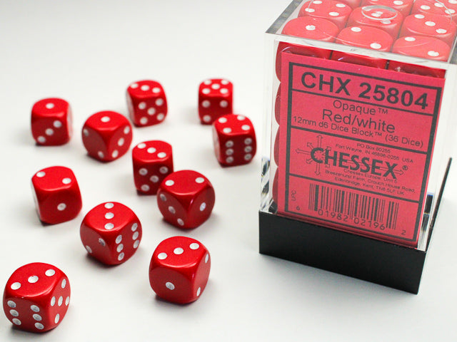 Chessex: Opaque: Red/White D6: 12mm: (36 Dice)