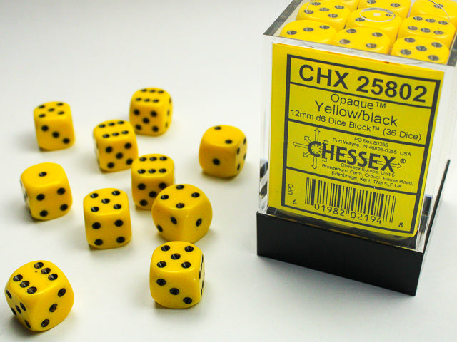 Chessex: Opaque: Yellow/Black D6: 12mm: (36 Dice)