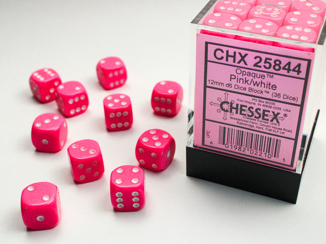Chessex: Opaque: Pink/White D6: 12mm: (36 Dice)