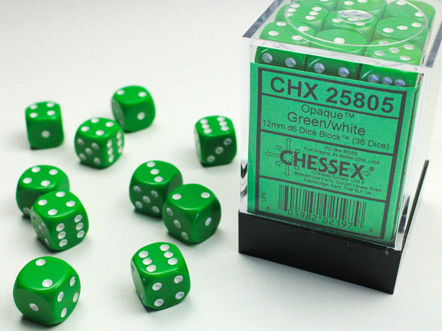 Chessex: Opaque: Green/White D6: 12mm: (36 Dice)