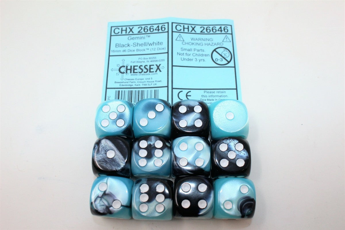 Chessex Gemini Black-Shell/white Dice Set Includes 12 Dice – D6 – 16mm