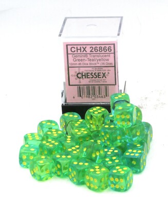Chessex Gemini Green-Teal/Yellow 36 Dice – D6 – 12mm
